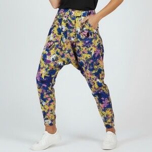 Vintage Aoyama Itchome Floral Print Harem Pants Yellow Blue Abstract 80s Boho L